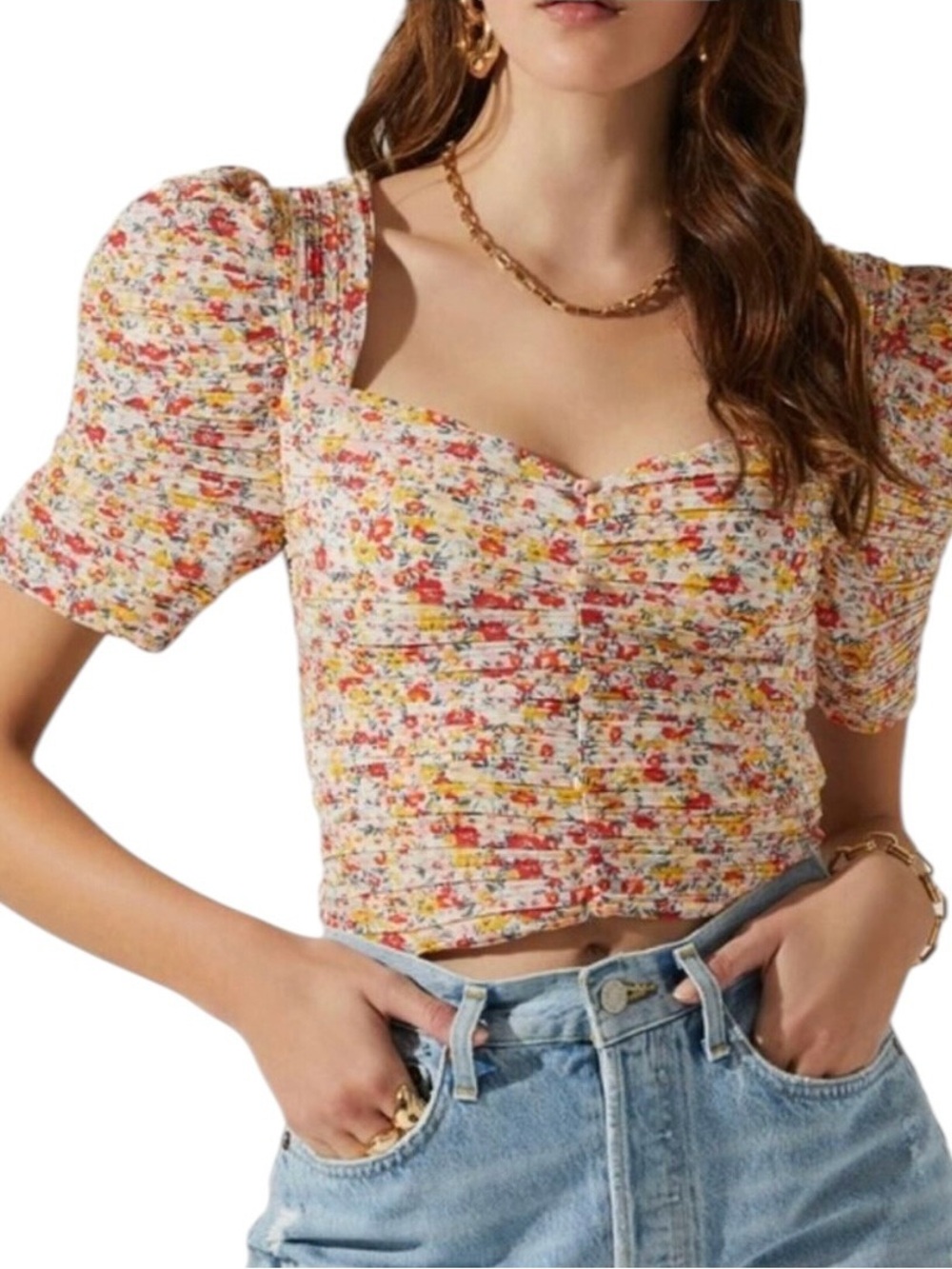 ASTR Floral Pintuck Pleated Smocked Puff Sleeve Crop Top Size M NWT